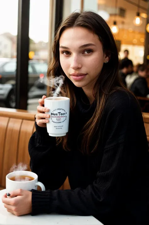 DV_S2_Ice_Vicious, , , wearing a cozy sweater, sitting in a cafe, holding a cup of steaming tea, flirty expression,, 8k resolution, highres, high detail, sharp focus, detailed skin, 8k uhd,