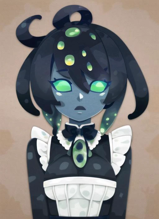 ((best quality)), ((highly detailed)), masterpiece, extremely detailed face, beautiful face, (detailed eyes, deep eyes), (1girl), upper body, , <lora:aiomonstergirls_loraLocon:.6>, ((shoggoth)), maid, body horror, tentacles, extra eyes, glowing eyes, Kelp green colored eyes, (colored skin), (dark purple colored skin), lovecraftian, <lora:solidEyes_v70:.9>, solid eyes, colored sclerae, <lora:kikuchi_milo:1>