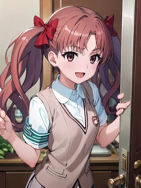(((pixel-perfect, detail-perfect))) best quality, masterpiece, 1girl <lora:shirai-toaru:1> misaki shokuhou <lora:detail_slider_v4:1> ,tokiwadai school uniform, bow :d <lora:pov_doorway_Gtonero:0.9> pov doorway upper body, opening door,