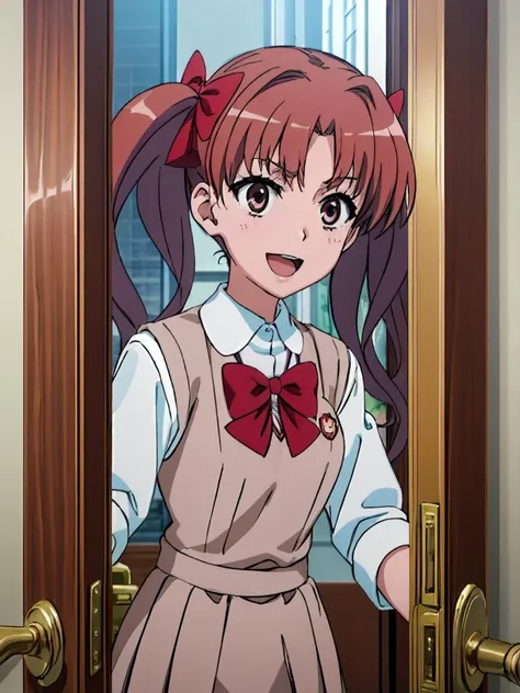 (((pixel-perfect, detail-perfect))) best quality, masterpiece, 1girl <lora:shirai-toaru:1> misaki shokuhou <lora:detail_slider_v4:1> ,tokiwadai school uniform, bow :d <lora:pov_doorway_Gtonero:0.9> pov doorway upper body, opening door,