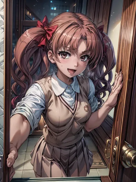 (((pixel-perfect, detail-perfect)))  best quality, masterpiece,  1girl    <lora:shirai-toaru:1>  misaki shokuhou  <lora:detail_slider_v4:1> ,tokiwadai school uniform, bow  :d     <lora:pov_doorway_Gtonero:0.9> pov doorway upper body, opening door,
