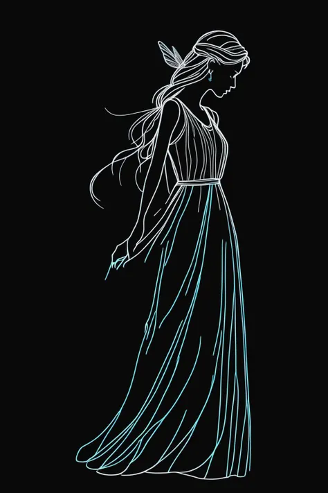 masterpiece,best quality,depth of field,aesthetic,trendy outfits,
side view,a cartoon fairy with simple long dress in silhouette,simple neon light outlines,simple line,stick line,full length shot,black background,