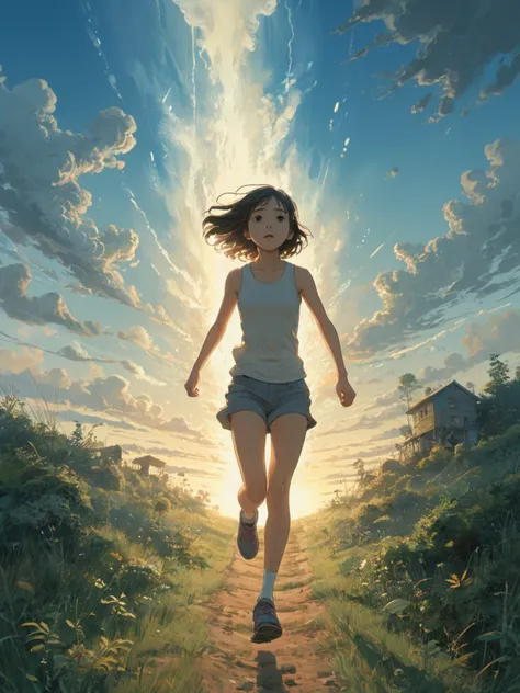 by Makoto Shinkai, (girl running through time), existential, otherworldly, mysterious, surreal, suspenseful, unsettling, immensely detailed, high contrast <lora:fractal-art.v1:0.35>  , <lora:add-detail-xl:0.9>  , <lora:xl_more_art-full_v1:0.7>