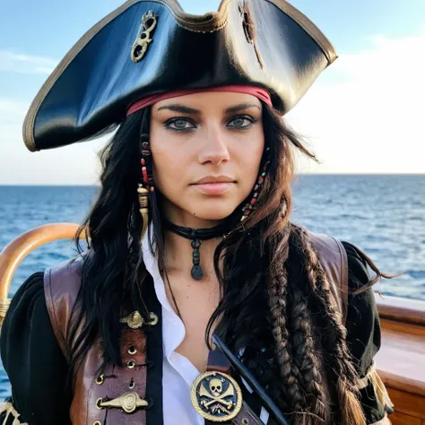 Skin Texture, Instagram iPhone Portrait photo of a woman wearing a pirate outfit on the open seas, Nikon Z9, (sharp focus), (high quality), , <lora:adlima_xl_1_standard_merge_62_88_05_05:1>