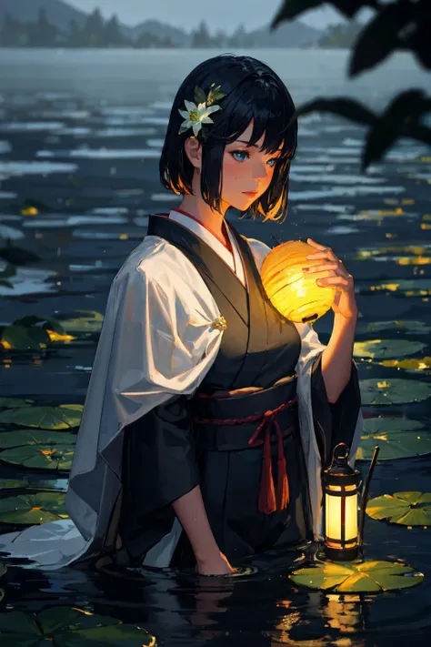 guweiz style, 1girl, solo, japanese clothes, upper body, lily pad, river, glowing lantern,water, lily \(flower\), night sky, blurry background, depth of field, bokeh, cinema lighting, dark theme, raining, film grain, rtx<lora:guweiz_style:1>