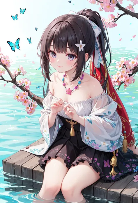 (masterpiece,best quality,absurdres:1.1),
1girl,beautiful detailed girl,fine and beautiful detailed skin,(tassel hair ornament:1.3),solo,blunt bangs,blunt tresses,ponytail,hair bow,hair ribbon,red ribbon,long hair,smile,legs up,sitting in tree,flower necklace,vines,frilled skirt,;3,
(extremely detailed beautiful background:1.1),(floral background:1.3),flower,bloom,The tree is in full bloom with flowers,glowing butterfly,butterfly,Flowers all over the ground,(Flowers blooming all over the branches,:1.1),
ray tracing,reflection light,water drop,(beautiful detailed eyeliner),(beautiful detailed skin),(smooth skin),(shiny skin:0.8),(shiny:0.8),wide shot,depth of field,rainbow,