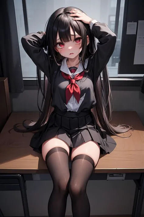 (masterpiece, best quality), 1girl, solo,sitting on a desk, beautiful face, long hair, torn clothes, torn legwear, dark school uniform, black thighhighs, moldy room, scared,crying, terrified face, itricate details, tied arms behind head, dark atmosphere, danger,