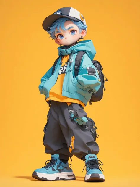 (\mang he\), 1boy, solo, male focus, blue hair, goggles, blue eyes, bag, backpack, overalls, looking at viewer, orange background, goggles on head, full body, gloves, simple background, shoes, jacket, standing, hands in pockets, short hair, hat, yellow background, personification, pants, fingerless gloves, long sleeves, closed mouth, hood,<lora:mangheXL:1>,