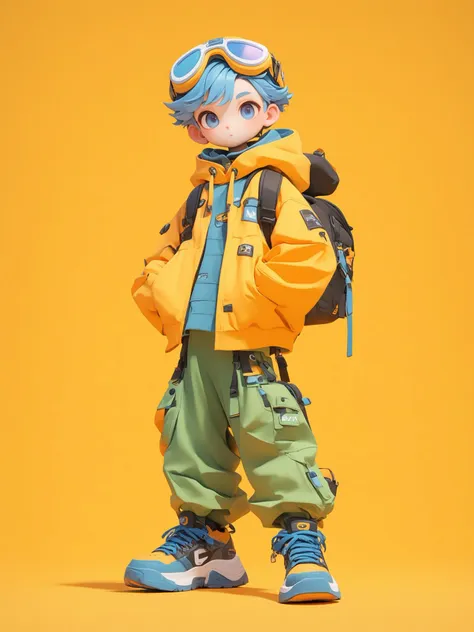 (\mang he\), 1boy, solo, male focus, blue hair, goggles, blue eyes, bag, backpack, overalls, looking at viewer, orange background, goggles on head, full body, gloves, simple background, shoes, jacket, standing, hands in pockets, short hair, hat, yellow background, personification, pants, fingerless gloves, long sleeves, closed mouth, hood,<lora:mangheXL:1>,