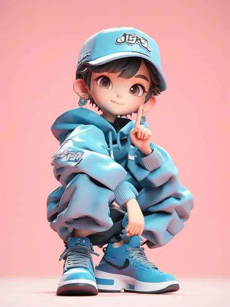 (\mang he\),3D,1girl,hat,solo,shoes,squatting,brown eyes,pants,smile,jewelry,sneakers,earrings,short hair,baseball cap,looking at viewer,jacket,hood,1boy,brown hair,male focus,index finger raised,hoodie,full body,1girl,black hair,pink background,blue headwear,simple background,blue footwear,<lora:mangheXL:1>,