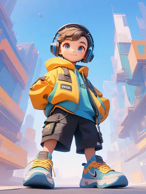 (\mang he\),1boy,male child,male focus,solo,shorts,shoes,jacket,brown hair,blue eyes,smile,looking at viewer,headphones,sneakers,full body,child,hood,sky,blue background,short hair,shirt,yellow jacket,building,long sleeves,standing,outdoors,orange jacket,<lora:mangheXL:1>,