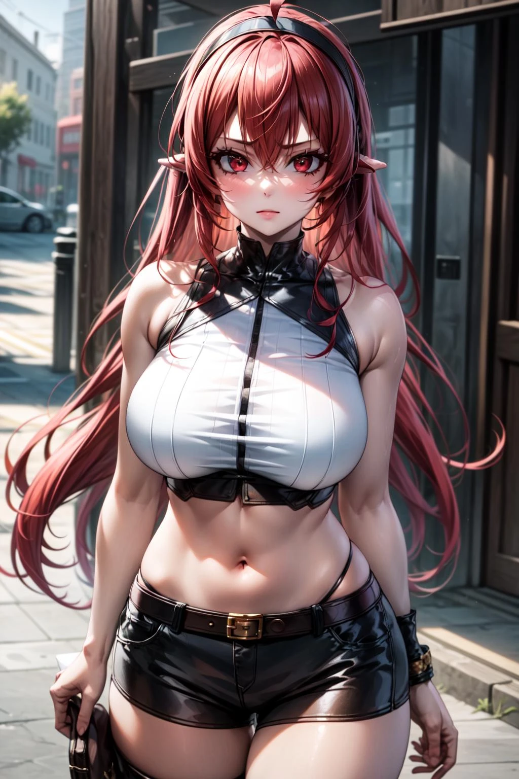 best quality, masterpiece, 1girl, (solo:1.1), raytracing, ultra detailed,detailed face, 8k wallpaper, wide hips, <lora:more_details:0.5>, ErisgreyratNDV, 1girl, red hair, red eyes, large breasts, very long hair, ahoge, cowboy shot, hair between eyes, bare shoulders, black hairband, sleeveless shirt, brown jacket, fur collar, open clothes, leather shorts, high boots, belt, fingerless gloves, brown thighhighs, standing, outdoor <lora:ErisGreyratNDV:0.7>