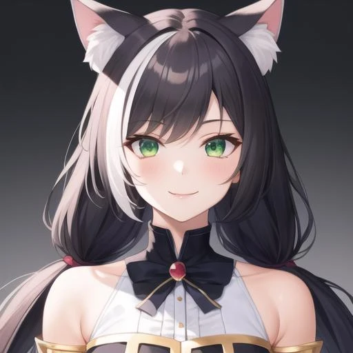 (masterpiece, best quality:1.2),illustration,8k,hd,1girl,solo,upper body,(portrait:1.2),karyl (princess connect!),animal ears,cat girl,cat ears,tail,black hair,cat tail,green eyes,long hair,animal ear fluff,black thighhighs,multicolored hair,white hair,streaked hair,looking at viewer,low twintails,detached sleeves,dress,very long hair,smile,boots,<lora:Karyl(pri)>,