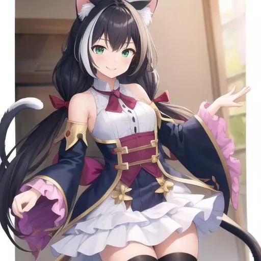 (masterpiece, best quality:1.2),illustration,8k,hd,1girl,solo,cowboy shot,karyl (princess connect!),animal ears,cat girl,cat ears,tail,black hair,cat tail,green eyes,long hair,animal ear fluff,black thighhighs,multicolored hair,white hair,streaked hair,looking at viewer,low twintails,detached sleeves,dress,very long hair,smile,boots,<lora:Karyl(pri)>,