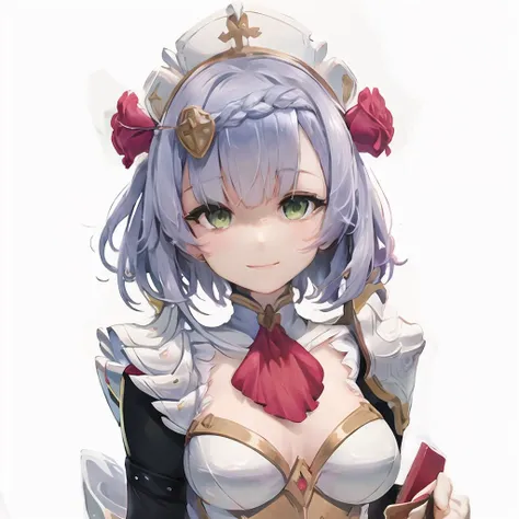 masterpiece, best quality, looking at viewer, solo,(1girl), looking at viewer,highly detailed,ultra-detailed,(white background:1.2),(Delicate eyes),upper body,noelle_\(genshin_impact\),(green_eyes:1.2//),short_hair, medium_breasts, rose, red_flower,(completely nude:1.2), no panties, cleavage, red_rose, hair_ornament, hair_flower,(smile \(rz\), ),nipples,pussy,cafe maid,<lora:genshinImpactNoelle_nV1:0.8>
