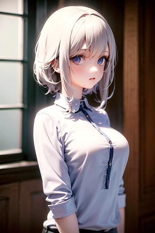 masterpiece, best quality, 1girl, upper body, white hair, bright eyes, shirts, indoors