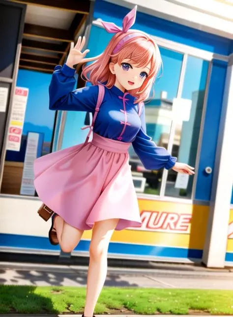 tiltshiftlens, anime woman, full body, blue shirt, pink dress