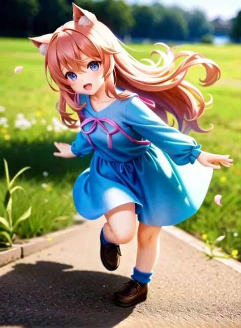 tilt shift lens, anime woman, full body, blue shirt, pink dress, blurry background