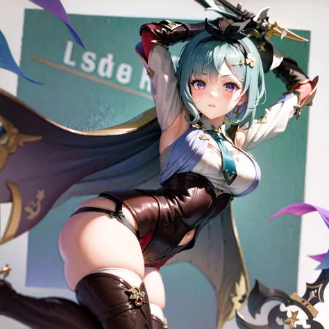 masterpiece, best quality, eula \(genshin impact\), 1girl, solo, thighhighs, weapon, gloves, breasts, sword, hairband, necktie, holding, leotard, bangs, greatsword, cape, thighs, boots, blue hair, looking at viewer, arms up, vision (genshin impact), medium breasts, holding sword, long sleeves, holding weapon, purple eyes, medium hair, copyright name, hair ornament, thigh boots, black leotard, black hairband, blue necktie, black thighhighs, yellow eyes, closed mouth, <lora:reisalin stout_hardpruned:1>