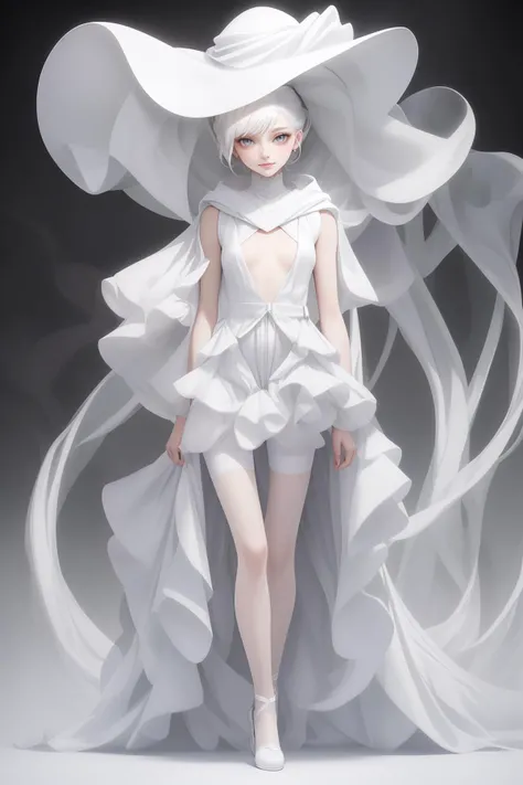 (masterpiece, top quality, best quality, official art, beautiful and aesthetic),solo,1girl,dark white dress,white bodysuit,white hair,light smile,(full body),frills,standing,hood,hat,abstract dark gray backdrop,bangs,legs,white stocking,high wheel shoes,small breasts,a model wearing haute couture monochrome overall in (issey miyake) style,by rinko kawauchi,zen-inspired masterpiece portrait,(detailed fiber texture),pleats,deconstruction,layers,editorial photo,<lora:Mild detail adjusterV10_4:0.6>,<lora:Clothing -:0.3>,<lora:cartoon_portrait_v2:0.3>,<lora:white issey miyake:0.6>,