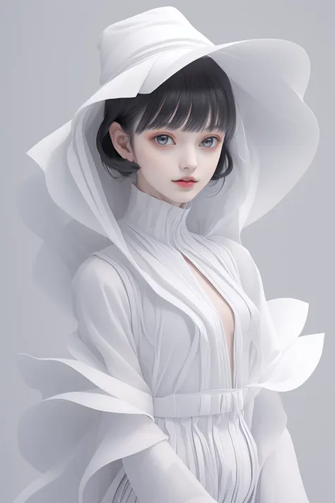 (masterpiece, top quality, best quality, official art, beautiful and aesthetic),solo,1girl,dark white dress,white bodysuit,white hair,light smile,(upperbody),frills,standing,hood,hat,abstract dark gray backdrop,bangs,legs,white stocking,high wheel shoes,small breasts,a model wearing haute couture monochrome overall in (issey miyake) style,by rinko kawauchi,zen-inspired masterpiece portrait,(detailed fiber texture),pleats,deconstruction,layers,editorial photo,<lora:Mild detail adjusterV10_4:0.6>,<lora:Clothing -:0.3>,<lora:cartoon_portrait_v2:0.3>,<lora:white issey miyake:0.6>,