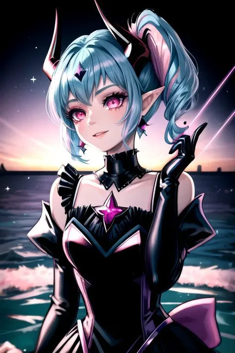 EvlSM, DarkPrecure, Bad_End_Precure, CorruptA, professional image of a cute young woman, (frilly elegant glossy dark holographic dress, crescent brooch, crescent earrings, crescent accessories:1.2),
(blue water dragon horns, blue water dragon tail:1.3), (short hair, side ponytail, hair above cheeks, light blue hair with light pink hairtips, gradient hair, multicolored hair:1.4), red eyes, (small breasts, cute face, pointy ears, evil laugh, evil eyes, corrupted:1.1), (sparkles, sparkling clothes, sparkles near eyes:1.3),
(intricate aquatic background, underwater, sparkling water, ocean floor, corral reef, bubbles:1.2), 
(ultra wide angle shot, cinematic style, absurdres, incredibly absurdres, huge filesize, extremely detailed, High quality texture, physically-based rendering, Ray tracing, octane render, sharp focus, (8k), (4k), (Masterpiece), (Best Quality), extremely detailed, intricate, hyper detailed, illustration, soft lighting, high resolution, sharp detail,)