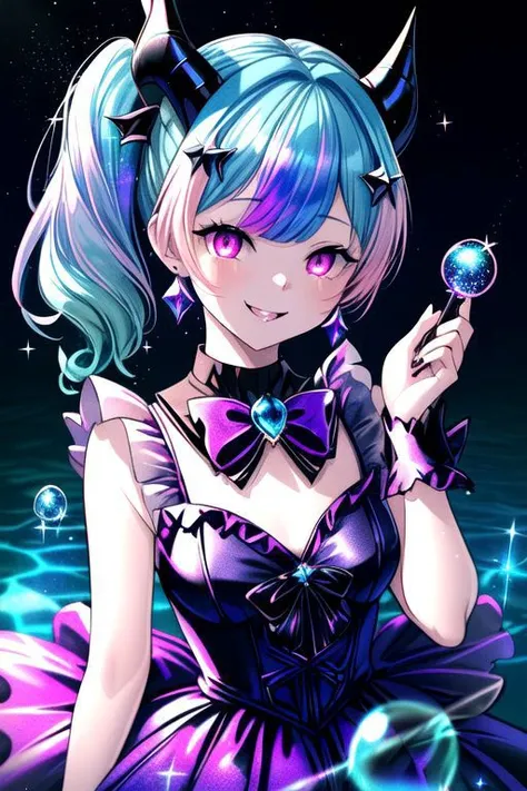 CorruptA, professional image of a cute young woman, (frilly elegant glossy dark holographic dress, crescent brooch, crescent earrings, crescent accessories:1.2),
(blue water dragon horns, blue water dragon tail:1.3), (short hair, side ponytail, hair above cheeks, light blue hair with light pink hairtips, gradient hair, multicolored hair:1.4), red eyes, (small breasts, cute face, pointy ears:1.1), (evil laugh, evil eyes, Corrupt_Girl, corruption, dark_persona:1.2), (sparkles, sparkling clothes, sparkles near eyes:1.3),
(intricate aquatic background, underwater, sparkling water, ocean floor, corral reef, bubbles:1.2), 
(ultra wide angle shot, cinematic style, absurdres, incredibly absurdres, huge filesize, extremely detailed, High quality texture, physically-based rendering, Ray tracing, octane render, sharp focus, (8k), (4k), (Masterpiece), (Best Quality), extremely detailed, intricate, hyper detailed, illustration, soft lighting, high resolution, sharp detail,)