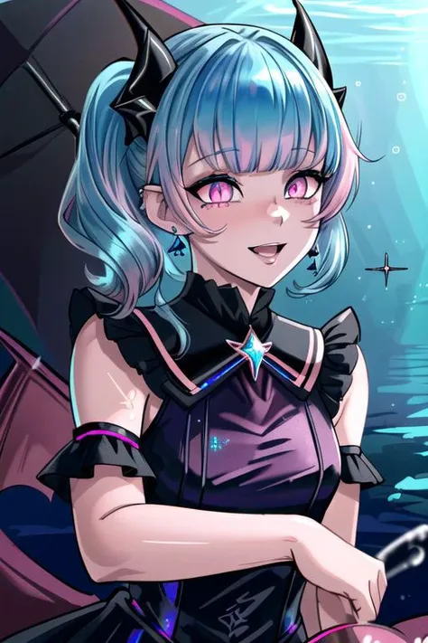 CorruptA, professional image of a cute young woman, (frilly elegant glossy dark holographic dress, crescent brooch, crescent earrings, crescent accessories:1.2),
(blue water dragon horns, blue water dragon tail:1.3), (short hair, side ponytail, hair above cheeks, light blue hair with light pink hairtips, gradient hair, multicolored hair:1.4), red eyes, (small breasts, cute face, pointy ears:1.1), (evil laugh, evil eyes, snake eyes, corruption, dark_persona, yandere, shaded face:1.2), (sparkles, sparkling clothes, sparkles near eyes:1.3),
(intricate aquatic background, underwater, sparkling water, ocean floor, corral reef, bubbles:1.2), 
(ultra wide angle shot, cinematic style, absurdres, incredibly absurdres, huge filesize, extremely detailed, High quality texture, physically-based rendering, Ray tracing, octane render, sharp focus, (8k), (4k), (Masterpiece), (Best Quality), extremely detailed, intricate, hyper detailed, illustration, soft lighting, high resolution, sharp detail,)