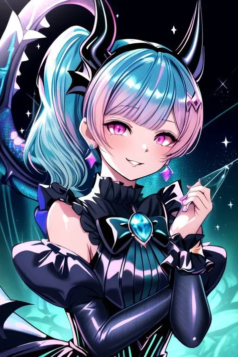 CorruptA, professional image of a cute young woman, (frilly elegant glossy dark holographic dress, crescent brooch, crescent earrings, crescent accessories:1.2),
(blue water dragon horns, blue water dragon tail:1.3), (short hair, side ponytail, hair above cheeks, light blue hair with light pink hairtips, gradient hair, multicolored hair:1.4), red eyes, (small breasts, cute face, pointy ears:1.1), (evil laugh, evil eyes, snake eyes, Corrupt_Girl, corruption, dark_persona:1.2), (sparkles, sparkling clothes, sparkles near eyes:1.3),
(intricate aquatic background, underwater, sparkling water, ocean floor, corral reef, bubbles:1.2), 
(ultra wide angle shot, cinematic style, absurdres, incredibly absurdres, huge filesize, extremely detailed, High quality texture, physically-based rendering, Ray tracing, octane render, sharp focus, (8k), (4k), (Masterpiece), (Best Quality), extremely detailed, intricate, hyper detailed, illustration, soft lighting, high resolution, sharp detail,)