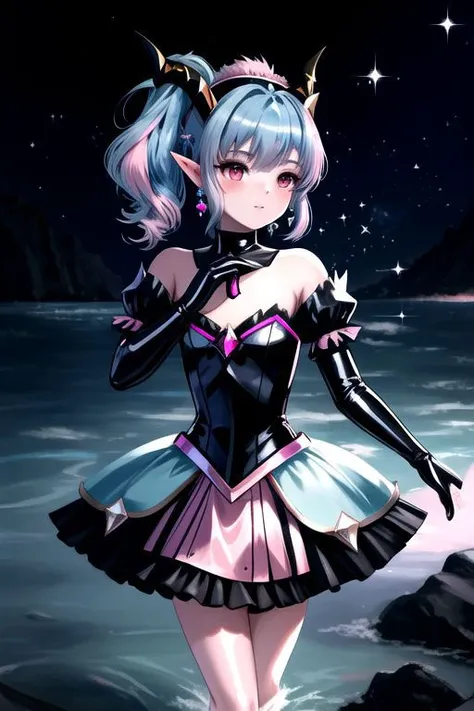 EvlSM, DarkPrecure, Bad_End_Precure, CorruptA, professional image of a cute young woman, (frilly elegant glossy dark holographic dress, crescent brooch, crescent earrings, crescent accessories:1.2),
(blue water dragon horns, blue water dragon tail:1.3), (short hair, side ponytail, hair above cheeks, light blue hair with light pink hairtips, gradient hair, multicolored hair:1.4), red eyes, (small breasts, cute face, innocent, shy, pointy ears:1.1), (sparkles, sparkling clothes, sparkles near eyes:1.3),
(intricate aquatic background, underwater, sparkling water, ocean floor, corral reef, bubbles:1.2), 
(ultra wide angle shot, cinematic style, absurdres, incredibly absurdres, huge filesize, extremely detailed, High quality texture, physically-based rendering, Ray tracing, octane render, sharp focus, (8k), (4k), (Masterpiece), (Best Quality), extremely detailed, intricate, hyper detailed, illustration, soft lighting, high resolution, sharp detail,)