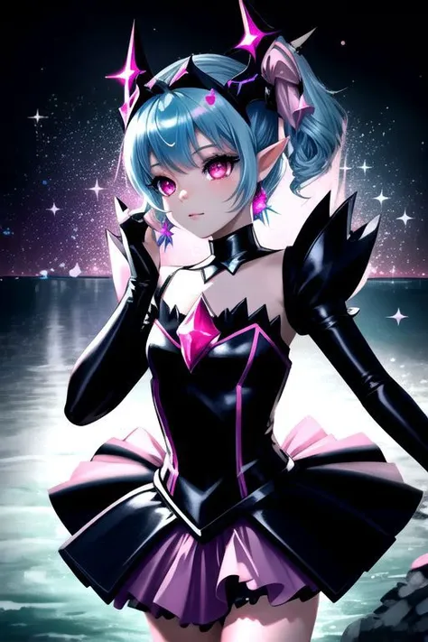 EvlSM, DarkPrecure, Bad_End_Precure, CorruptA, professional image of a cute young woman, (frilly elegant glossy dark holographic dress, crescent brooch, crescent earrings, crescent accessories:1.2),
(blue water dragon horns, blue water dragon tail:1.3), (short hair, side ponytail, hair above cheeks, light blue hair with light pink hairtips, gradient hair, multicolored hair:1.4), red eyes, (small breasts, cute face, innocent, shy, pointy ears:1.1), (sparkles, sparkling clothes, sparkles near eyes:1.3),
(intricate aquatic background, underwater, sparkling water, ocean floor, corral reef, bubbles:1.2), 
(ultra wide angle shot, cinematic style, absurdres, incredibly absurdres, huge filesize, extremely detailed, High quality texture, physically-based rendering, Ray tracing, octane render, sharp focus, (8k), (4k), (Masterpiece), (Best Quality), extremely detailed, intricate, hyper detailed, illustration, soft lighting, high resolution, sharp detail,)