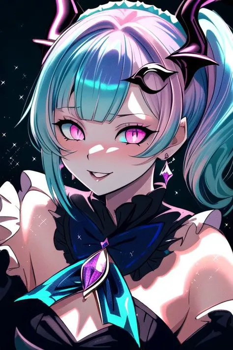 CorruptA, professional image of a cute young woman, (frilly elegant glossy dark holographic dress, crescent brooch, crescent earrings, crescent accessories:1.2),
(blue water dragon horns, blue water dragon tail:1.3), (short hair, side ponytail, hair above cheeks, light blue hair with light pink hairtips, gradient hair, multicolored hair:1.4), red eyes, (small breasts, cute face, pointy ears:1.1), (evil laugh, evil eyes, snake eyes, Corrupt_Girl, corruption, dark_persona:1.2), (sparkles, sparkling clothes, sparkles near eyes:1.3),
(intricate aquatic background, underwater, sparkling water, ocean floor, corral reef, bubbles:1.2), 
(ultra wide angle shot, cinematic style, absurdres, incredibly absurdres, huge filesize, extremely detailed, High quality texture, physically-based rendering, Ray tracing, octane render, sharp focus, (8k), (4k), (Masterpiece), (Best Quality), extremely detailed, intricate, hyper detailed, illustration, soft lighting, high resolution, sharp detail,)