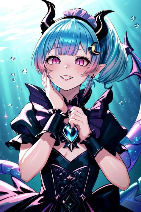 CorruptA, professional image of a cute young woman, (frilly elegant glossy dark holographic dress, crescent brooch, crescent earrings, crescent accessories:1.2),
(blue water dragon horns, blue water dragon tail:1.3), (short hair, side ponytail, hair above cheeks, light blue hair with light pink hairtips, gradient hair, multicolored hair:1.4), red eyes, (small breasts, cute face, pointy ears:1.1), (evil laugh, evil eyes, snake eyes, Corrupt_Girl, corruption, dark_persona:1.2), (sparkles, sparkling clothes, sparkles near eyes:1.3),
(intricate aquatic background, underwater, sparkling water, ocean floor, corral reef, bubbles:1.2), 
(ultra wide angle shot, cinematic style, absurdres, incredibly absurdres, huge filesize, extremely detailed, High quality texture, physically-based rendering, Ray tracing, octane render, sharp focus, (8k), (4k), (Masterpiece), (Best Quality), extremely detailed, intricate, hyper detailed, illustration, soft lighting, high resolution, sharp detail,)