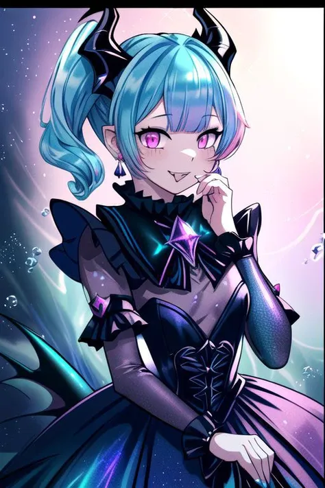 CorruptA, professional image of a cute young woman, (frilly elegant glossy dark holographic dress, crescent brooch, crescent earrings, crescent accessories:1.2),
(blue water dragon horns, blue water dragon tail:1.3), (short hair, side ponytail, hair above cheeks, light blue hair with light pink hairtips, gradient hair, multicolored hair:1.4), red eyes, (small breasts, cute face, pointy ears:1.1), (evil laugh, evil eyes, snake eyes, Corrupt_Girl, corruption, dark_persona:1.2), (sparkles, sparkling clothes, sparkles near eyes:1.3),
(intricate aquatic background, underwater, sparkling water, ocean floor, corral reef, bubbles:1.2), 
(ultra wide angle shot, cinematic style, absurdres, incredibly absurdres, huge filesize, extremely detailed, High quality texture, physically-based rendering, Ray tracing, octane render, sharp focus, (8k), (4k), (Masterpiece), (Best Quality), extremely detailed, intricate, hyper detailed, illustration, soft lighting, high resolution, sharp detail,)