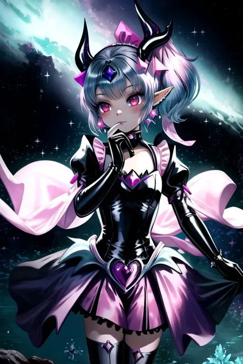 EvlSM, DarkPrecure, Bad_End_Precure, CorruptA, professional image of a cute young woman, (frilly elegant glossy dark holographic dress, crescent brooch, crescent earrings, crescent accessories:1.2),
(blue water dragon horns, blue water dragon tail:1.3), (short hair, side ponytail, hair above cheeks, light blue hair with light pink hairtips, gradient hair, multicolored hair:1.4), red eyes, (small breasts, cute face, pointy ears:1.1), (sparkles, sparkling clothes, sparkles near eyes:1.3),
(intricate aquatic background, underwater, sparkling water, ocean floor, corral reef, bubbles:1.2), 
(ultra wide angle shot, cinematic style, absurdres, incredibly absurdres, huge filesize, extremely detailed, High quality texture, physically-based rendering, Ray tracing, octane render, sharp focus, (8k), (4k), (Masterpiece), (Best Quality), extremely detailed, intricate, hyper detailed, illustration, soft lighting, high resolution, sharp detail,)