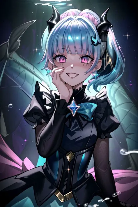 CorruptA, professional image of a cute young woman, (frilly elegant glossy dark holographic dress, crescent brooch, crescent earrings, crescent accessories:1.2),
(blue water dragon horns, blue water dragon tail:1.3), (short hair, side ponytail, hair above cheeks, light blue hair with light pink hairtips, gradient hair, multicolored hair:1.4), red eyes, (small breasts, cute face, pointy ears:1.1), (evil laugh, evil eyes, snake eyes, corruption, dark_persona, yandere, shaded face:1.2), (sparkles, sparkling clothes, sparkles near eyes:1.3),
(intricate aquatic background, underwater, sparkling water, ocean floor, corral reef, bubbles:1.2), 
(ultra wide angle shot, cinematic style, absurdres, incredibly absurdres, huge filesize, extremely detailed, High quality texture, physically-based rendering, Ray tracing, octane render, sharp focus, (8k), (4k), (Masterpiece), (Best Quality), extremely detailed, intricate, hyper detailed, illustration, soft lighting, high resolution, sharp detail,)