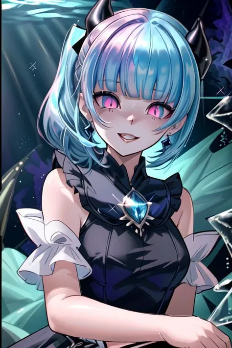 CorruptA, professional image of a cute young woman, (frilly elegant glossy dark holographic dress, crescent brooch, crescent earrings, crescent accessories:1.2),
(blue water dragon horns, blue water dragon tail:1.3), (short hair, side ponytail, hair above cheeks, light blue hair with light pink hairtips, gradient hair, multicolored hair:1.4), red eyes, (small breasts, cute face, pointy ears:1.1), (evil laugh, evil eyes, snake eyes, corruption, dark_persona, yandere, shaded face:1.2), (sparkles, sparkling clothes, sparkles near eyes:1.3),
(intricate aquatic background, underwater, sparkling water, ocean floor, corral reef, bubbles:1.2), 
(ultra wide angle shot, cinematic style, absurdres, incredibly absurdres, huge filesize, extremely detailed, High quality texture, physically-based rendering, Ray tracing, octane render, sharp focus, (8k), (4k), (Masterpiece), (Best Quality), extremely detailed, intricate, hyper detailed, illustration, soft lighting, high resolution, sharp detail,)