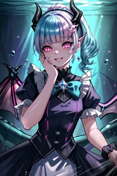 CorruptA, professional image of a cute young woman, (frilly elegant glossy dark holographic dress, crescent brooch, crescent earrings, crescent accessories:1.2),
(blue water dragon horns, blue water dragon tail:1.3), (short hair, side ponytail, hair above cheeks, light blue hair with light pink hairtips, gradient hair, multicolored hair:1.4), red eyes, (small breasts, cute face, pointy ears:1.1), (evil laugh, evil eyes, snake eyes, corruption, dark_persona, yandere, shaded face:1.2), (sparkles, sparkling clothes, sparkles near eyes:1.3),
(intricate aquatic background, underwater, sparkling water, ocean floor, corral reef, bubbles:1.2), 
(ultra wide angle shot, cinematic style, absurdres, incredibly absurdres, huge filesize, extremely detailed, High quality texture, physically-based rendering, Ray tracing, octane render, sharp focus, (8k), (4k), (Masterpiece), (Best Quality), extremely detailed, intricate, hyper detailed, illustration, soft lighting, high resolution, sharp detail,)