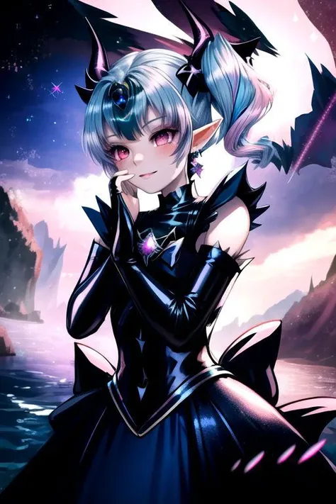 EvlSM, DarkPrecure, Bad_End_Precure, CorruptA, professional image of a cute young woman, (frilly elegant glossy dark holographic dress, crescent brooch, crescent earrings, crescent accessories:1.2),
(blue water dragon horns, blue water dragon tail:1.3), (short hair, side ponytail, hair above cheeks, light blue hair with light pink hairtips, gradient hair, multicolored hair:1.4), red eyes, (small breasts, cute face, pointy ears, evil smile:1.1), (sparkles, sparkling clothes, sparkles near eyes:1.3),
(intricate aquatic background, underwater, sparkling water, ocean floor, corral reef, bubbles:1.2), 
(ultra wide angle shot, cinematic style, absurdres, incredibly absurdres, huge filesize, extremely detailed, High quality texture, physically-based rendering, Ray tracing, octane render, sharp focus, (8k), (4k), (Masterpiece), (Best Quality), extremely detailed, intricate, hyper detailed, illustration, soft lighting, high resolution, sharp detail,)