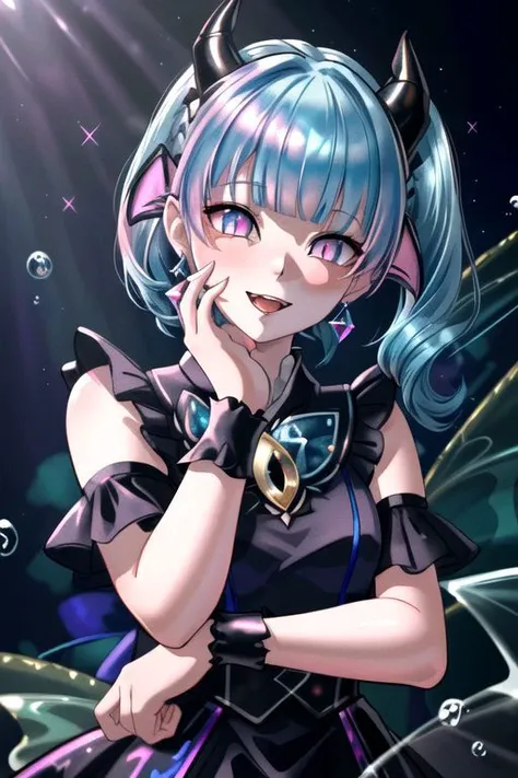 CorruptA, professional image of a cute young woman, (frilly elegant glossy dark holographic dress, crescent brooch, crescent earrings, crescent accessories:1.2),
(blue water dragon horns, blue water dragon tail:1.3), (short hair, side ponytail, hair above cheeks, light blue hair with light pink hairtips, gradient hair, multicolored hair:1.4), red eyes, (small breasts, cute face, pointy ears:1.1), (evil laugh, evil eyes, snake eyes, corruption, dark_persona, yandere, shaded face:1.2), (sparkles, sparkling clothes, sparkles near eyes:1.3),
(intricate aquatic background, underwater, sparkling water, ocean floor, corral reef, bubbles:1.2), 
(ultra wide angle shot, cinematic style, absurdres, incredibly absurdres, huge filesize, extremely detailed, High quality texture, physically-based rendering, Ray tracing, octane render, sharp focus, (8k), (4k), (Masterpiece), (Best Quality), extremely detailed, intricate, hyper detailed, illustration, soft lighting, high resolution, sharp detail,)