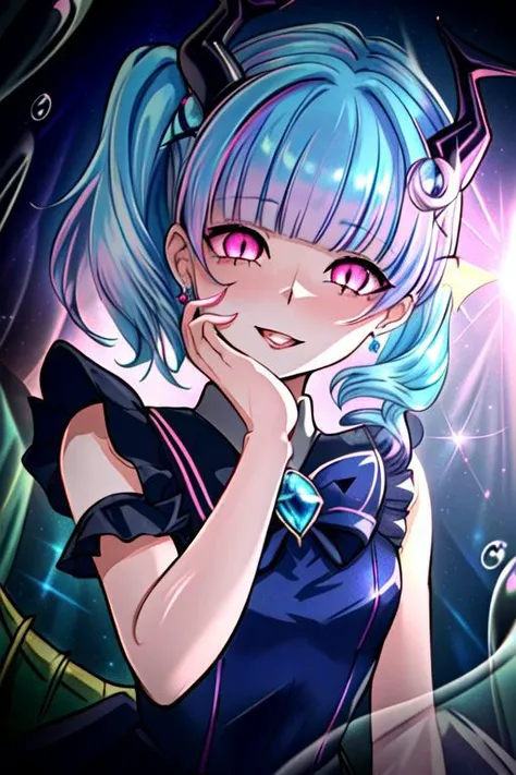 CorruptA, professional image of a cute young woman, (frilly elegant glossy dark holographic dress, crescent brooch, crescent earrings, crescent accessories:1.2),
(blue water dragon horns, blue water dragon tail:1.3), (short hair, side ponytail, hair above cheeks, light blue hair with light pink hairtips, gradient hair, multicolored hair:1.4), red eyes, (small breasts, cute face, pointy ears:1.1), (evil laugh, evil eyes, snake eyes, Corrupt_Girl, corruption, dark_persona, yandere, shaded face:1.2), (sparkles, sparkling clothes, sparkles near eyes:1.3),
(intricate aquatic background, underwater, sparkling water, ocean floor, corral reef, bubbles:1.2), 
(ultra wide angle shot, cinematic style, absurdres, incredibly absurdres, huge filesize, extremely detailed, High quality texture, physically-based rendering, Ray tracing, octane render, sharp focus, (8k), (4k), (Masterpiece), (Best Quality), extremely detailed, intricate, hyper detailed, illustration, soft lighting, high resolution, sharp detail,)