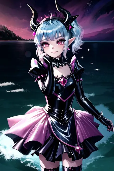 EvlSM, DarkPrecure, Bad_End_Precure, CorruptA, professional image of a cute young woman, (frilly elegant glossy dark holographic dress, crescent brooch, crescent earrings, crescent accessories:1.2),
(blue water dragon horns, blue water dragon tail:1.3), (short hair, side ponytail, hair above cheeks, light blue hair with light pink hairtips, gradient hair, multicolored hair:1.4), red eyes, (small breasts, cute face, pointy ears, evil smile:1.1), (sparkles, sparkling clothes, sparkles near eyes:1.3),
(intricate aquatic background, underwater, sparkling water, ocean floor, corral reef, bubbles:1.2), 
(ultra wide angle shot, cinematic style, absurdres, incredibly absurdres, huge filesize, extremely detailed, High quality texture, physically-based rendering, Ray tracing, octane render, sharp focus, (8k), (4k), (Masterpiece), (Best Quality), extremely detailed, intricate, hyper detailed, illustration, soft lighting, high resolution, sharp detail,)