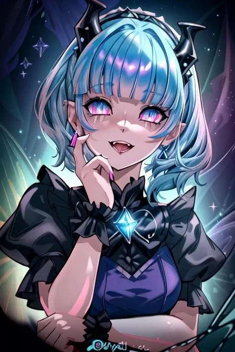 CorruptA, professional image of a cute young woman, (frilly elegant glossy dark holographic dress, crescent brooch, crescent earrings, crescent accessories:1.2),
(blue water dragon horns, blue water dragon tail:1.3), (short hair, side ponytail, hair above cheeks, light blue hair with light pink hairtips, gradient hair, multicolored hair:1.4), red eyes, (small breasts, cute face, pointy ears:1.1), (evil laugh, evil eyes, snake eyes, corruption, dark_persona, yandere, shaded face:1.2), (sparkles, sparkling clothes, sparkles near eyes:1.3),
(intricate aquatic background, underwater, sparkling water, ocean floor, corral reef, bubbles:1.2), 
(ultra wide angle shot, cinematic style, absurdres, incredibly absurdres, huge filesize, extremely detailed, High quality texture, physically-based rendering, Ray tracing, octane render, sharp focus, (8k), (4k), (Masterpiece), (Best Quality), extremely detailed, intricate, hyper detailed, illustration, soft lighting, high resolution, sharp detail,)