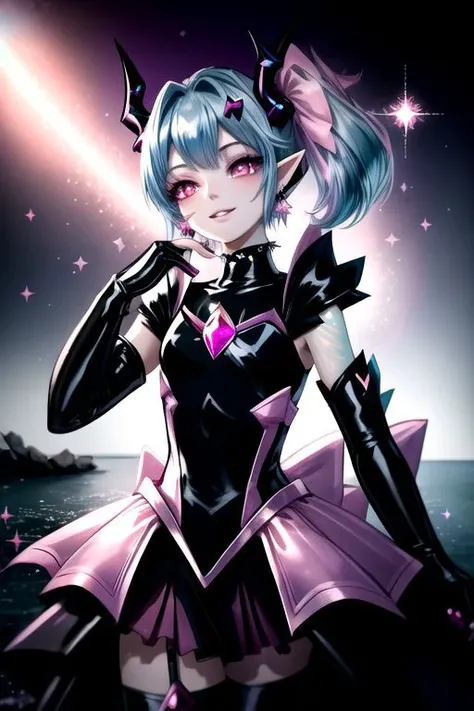 EvlSM, DarkPrecure, Bad_End_Precure, CorruptA, professional image of a cute young woman, (frilly elegant glossy dark holographic dress, crescent brooch, crescent earrings, crescent accessories:1.2),
(blue water dragon horns, blue water dragon tail:1.3), (short hair, side ponytail, hair above cheeks, light blue hair with light pink hairtips, gradient hair, multicolored hair:1.4), red eyes, (small breasts, cute face, pointy ears, evil laugh, evil eyes, corrupted:1.1), (sparkles, sparkling clothes, sparkles near eyes:1.3),
(intricate aquatic background, underwater, sparkling water, ocean floor, corral reef, bubbles:1.2), 
(ultra wide angle shot, cinematic style, absurdres, incredibly absurdres, huge filesize, extremely detailed, High quality texture, physically-based rendering, Ray tracing, octane render, sharp focus, (8k), (4k), (Masterpiece), (Best Quality), extremely detailed, intricate, hyper detailed, illustration, soft lighting, high resolution, sharp detail,)