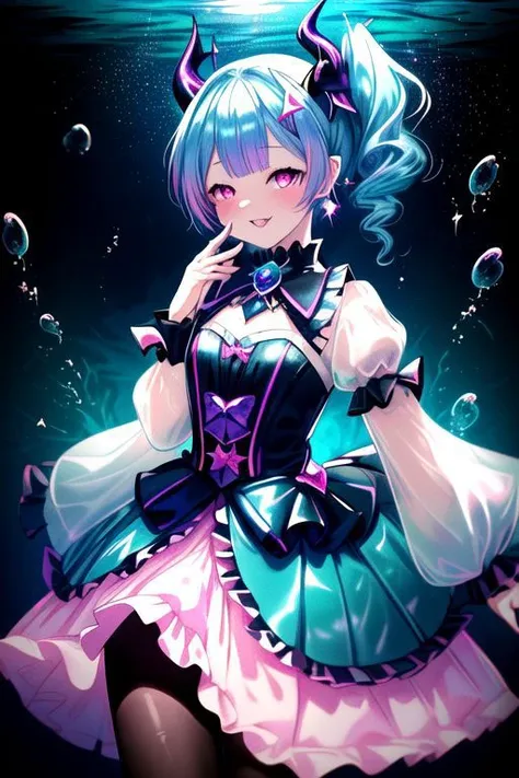 CorruptA, professional image of a cute young woman, (frilly elegant glossy dark holographic dress, crescent brooch, crescent earrings, crescent accessories:1.2),
(blue water dragon horns, blue water dragon tail:1.3), (short hair, side ponytail, hair above cheeks, light blue hair with light pink hairtips, gradient hair, multicolored hair:1.4), red eyes, (small breasts, cute face, pointy ears:1.1), (evil laugh, evil eyes, Corrupt_Girl, corruption, dark_persona:1.2), (sparkles, sparkling clothes, sparkles near eyes:1.3),
(intricate aquatic background, underwater, sparkling water, ocean floor, corral reef, bubbles:1.2), 
(ultra wide angle shot, cinematic style, absurdres, incredibly absurdres, huge filesize, extremely detailed, High quality texture, physically-based rendering, Ray tracing, octane render, sharp focus, (8k), (4k), (Masterpiece), (Best Quality), extremely detailed, intricate, hyper detailed, illustration, soft lighting, high resolution, sharp detail,)