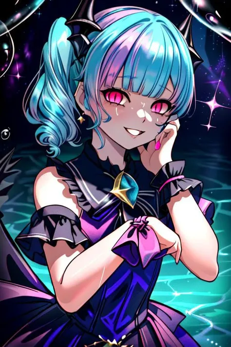 CorruptA, professional image of a cute young woman, (frilly elegant glossy dark holographic dress, crescent brooch, crescent earrings, crescent accessories:1.2),
(blue water dragon horns, blue water dragon tail:1.3), (short hair, side ponytail, hair above cheeks, light blue hair with light pink hairtips, gradient hair, multicolored hair:1.4), red eyes, (small breasts, cute face, pointy ears:1.1), (evil laugh, evil eyes, snake eyes, Corrupt_Girl, corruption, dark_persona, yandere, shaded face:1.2), (sparkles, sparkling clothes, sparkles near eyes:1.3),
(intricate aquatic background, underwater, sparkling water, ocean floor, corral reef, bubbles:1.2), 
(ultra wide angle shot, cinematic style, absurdres, incredibly absurdres, huge filesize, extremely detailed, High quality texture, physically-based rendering, Ray tracing, octane render, sharp focus, (8k), (4k), (Masterpiece), (Best Quality), extremely detailed, intricate, hyper detailed, illustration, soft lighting, high resolution, sharp detail,)