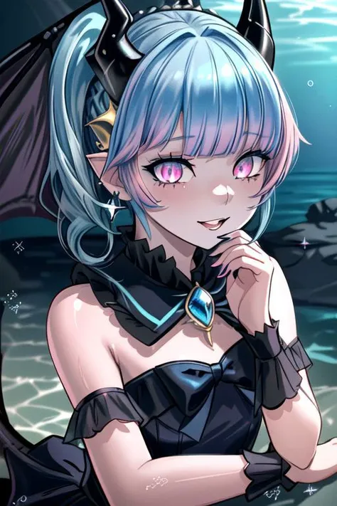 CorruptA, professional image of a cute young woman, (frilly elegant glossy dark holographic dress, crescent brooch, crescent earrings, crescent accessories:1.2),
(blue water dragon horns, blue water dragon tail:1.3), (short hair, side ponytail, hair above cheeks, light blue hair with light pink hairtips, gradient hair, multicolored hair:1.4), red eyes, (small breasts, cute face, pointy ears:1.1), (evil laugh, evil eyes, snake eyes, corruption, dark_persona, yandere, shaded face:1.2), (sparkles, sparkling clothes, sparkles near eyes:1.3),
(intricate aquatic background, underwater, sparkling water, ocean floor, corral reef, bubbles:1.2), 
(ultra wide angle shot, cinematic style, absurdres, incredibly absurdres, huge filesize, extremely detailed, High quality texture, physically-based rendering, Ray tracing, octane render, sharp focus, (8k), (4k), (Masterpiece), (Best Quality), extremely detailed, intricate, hyper detailed, illustration, soft lighting, high resolution, sharp detail,)