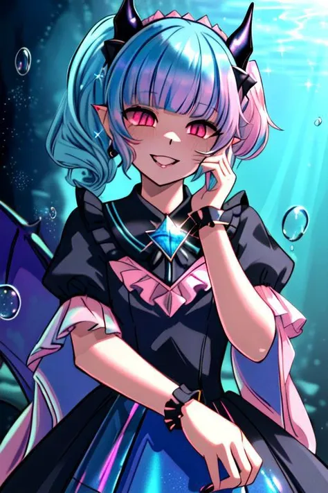 CorruptA, professional image of a cute young woman, (frilly elegant glossy dark holographic dress, crescent brooch, crescent earrings, crescent accessories:1.2),
(blue water dragon horns, blue water dragon tail:1.3), (short hair, side ponytail, hair above cheeks, light blue hair with light pink hairtips, gradient hair, multicolored hair:1.4), red eyes, (small breasts, cute face, pointy ears:1.1), (evil laugh, evil eyes, snake eyes, Corrupt_Girl, corruption, dark_persona, yandere, shaded face:1.2), (sparkles, sparkling clothes, sparkles near eyes:1.3),
(intricate aquatic background, underwater, sparkling water, ocean floor, corral reef, bubbles:1.2), 
(ultra wide angle shot, cinematic style, absurdres, incredibly absurdres, huge filesize, extremely detailed, High quality texture, physically-based rendering, Ray tracing, octane render, sharp focus, (8k), (4k), (Masterpiece), (Best Quality), extremely detailed, intricate, hyper detailed, illustration, soft lighting, high resolution, sharp detail,)