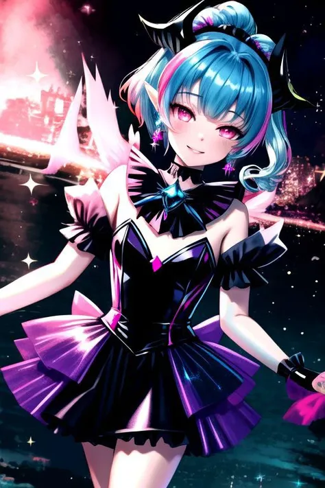 EvlSM, DarkPrecure, Bad_End_Precure, CorruptA, Corrupt_Girl, professional image of a cute young woman, (frilly elegant glossy dark holographic dress, crescent brooch, crescent earrings, crescent accessories:1.2),
(blue water dragon horns, blue water dragon tail:1.3), (short hair, side ponytail, hair above cheeks, light blue hair with light pink hairtips, gradient hair, multicolored hair:1.4), red eyes, (small breasts, cute face, pointy ears, evil laugh, evil eyes, corrupted:1.1), (sparkles, sparkling clothes, sparkles near eyes:1.3),
(intricate aquatic background, underwater, sparkling water, ocean floor, corral reef, bubbles:1.2), 
(ultra wide angle shot, cinematic style, absurdres, incredibly absurdres, huge filesize, extremely detailed, High quality texture, physically-based rendering, Ray tracing, octane render, sharp focus, (8k), (4k), (Masterpiece), (Best Quality), extremely detailed, intricate, hyper detailed, illustration, soft lighting, high resolution, sharp detail,)