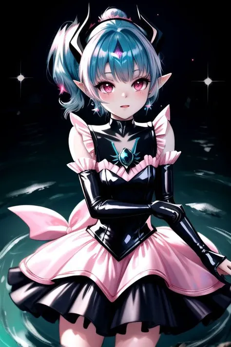 EvlSM, DarkPrecure, Bad_End_Precure, CorruptA, professional image of a cute young woman, (frilly elegant glossy dark holographic dress, crescent brooch, crescent earrings, crescent accessories:1.2),
(blue water dragon horns, blue water dragon tail:1.3), (short hair, side ponytail, hair above cheeks, light blue hair with light pink hairtips, gradient hair, multicolored hair:1.4), red eyes, (small breasts, cute face, innocent, shy, pointy ears:1.1), (sparkles, sparkling clothes, sparkles near eyes:1.3),
(intricate aquatic background, underwater, sparkling water, ocean floor, corral reef, bubbles:1.2), 
(ultra wide angle shot, cinematic style, absurdres, incredibly absurdres, huge filesize, extremely detailed, High quality texture, physically-based rendering, Ray tracing, octane render, sharp focus, (8k), (4k), (Masterpiece), (Best Quality), extremely detailed, intricate, hyper detailed, illustration, soft lighting, high resolution, sharp detail,)